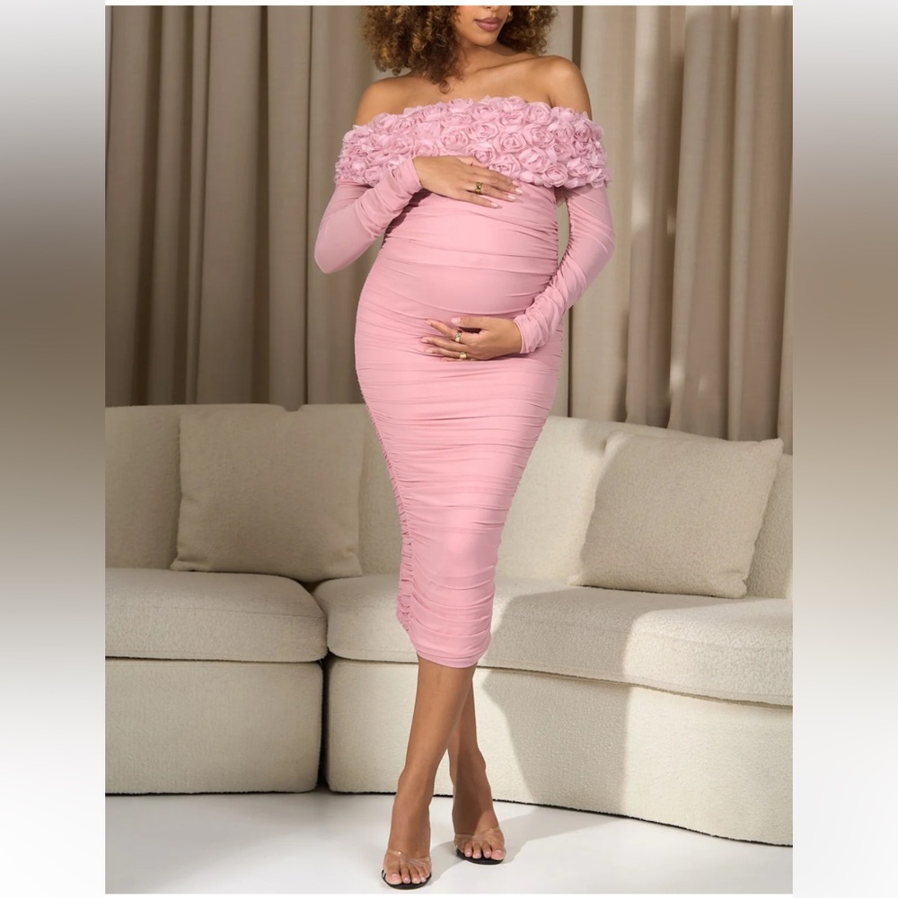 MATERNITY MIDI RUCHED FLOWERS DRESS MESH FLORAL BARDOT MIDI CLUB L LONDON Sz 10